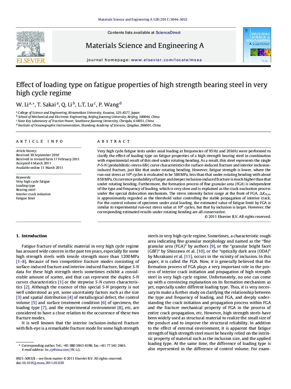 Effect of loading type on fatigue properties of high strength bearing steel in very high cycle regime