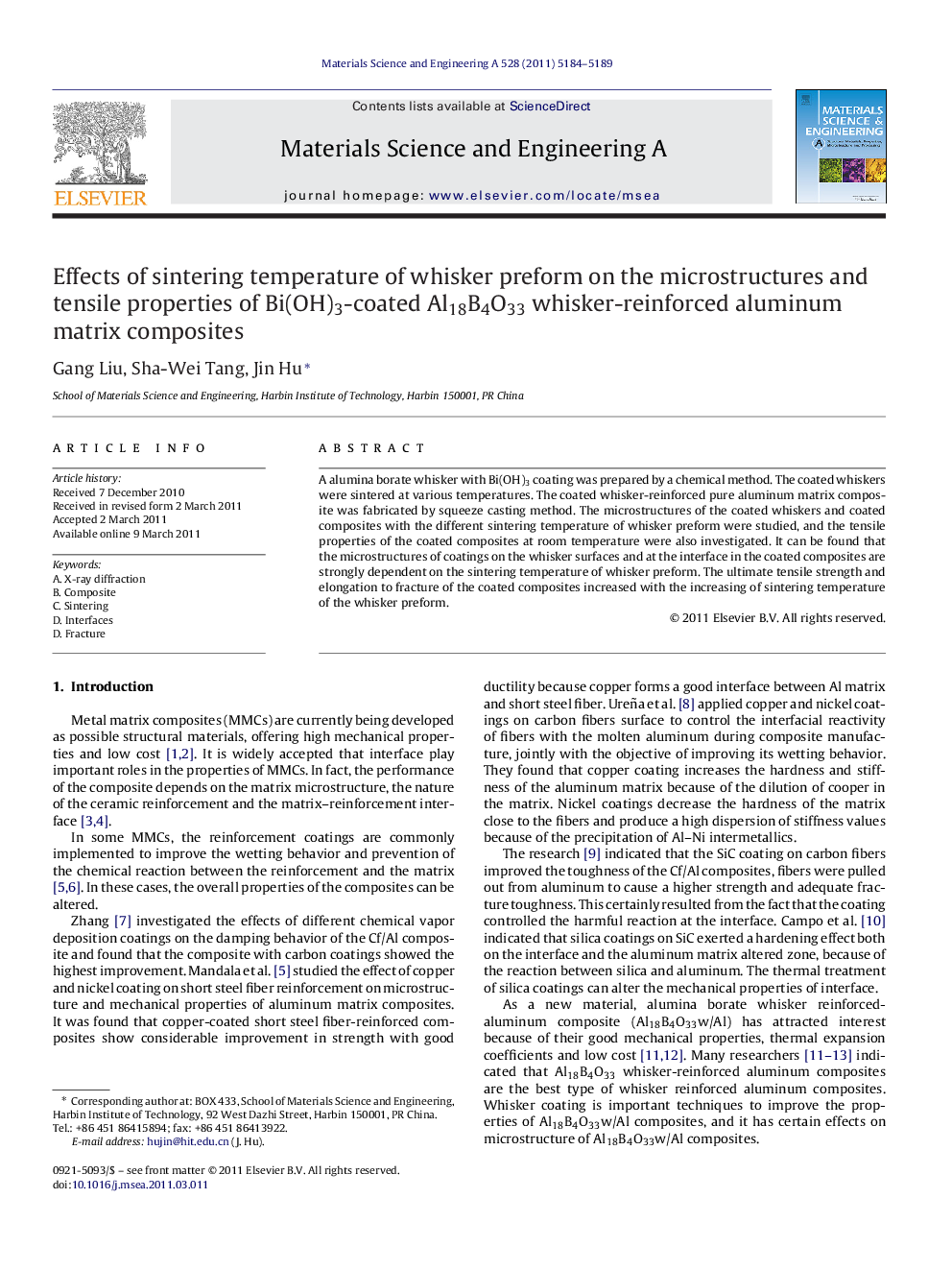 Effects of sintering temperature of whisker preform on the microstructures and tensile properties of Bi(OH)3-coated Al18B4O33 whisker-reinforced aluminum matrix composites