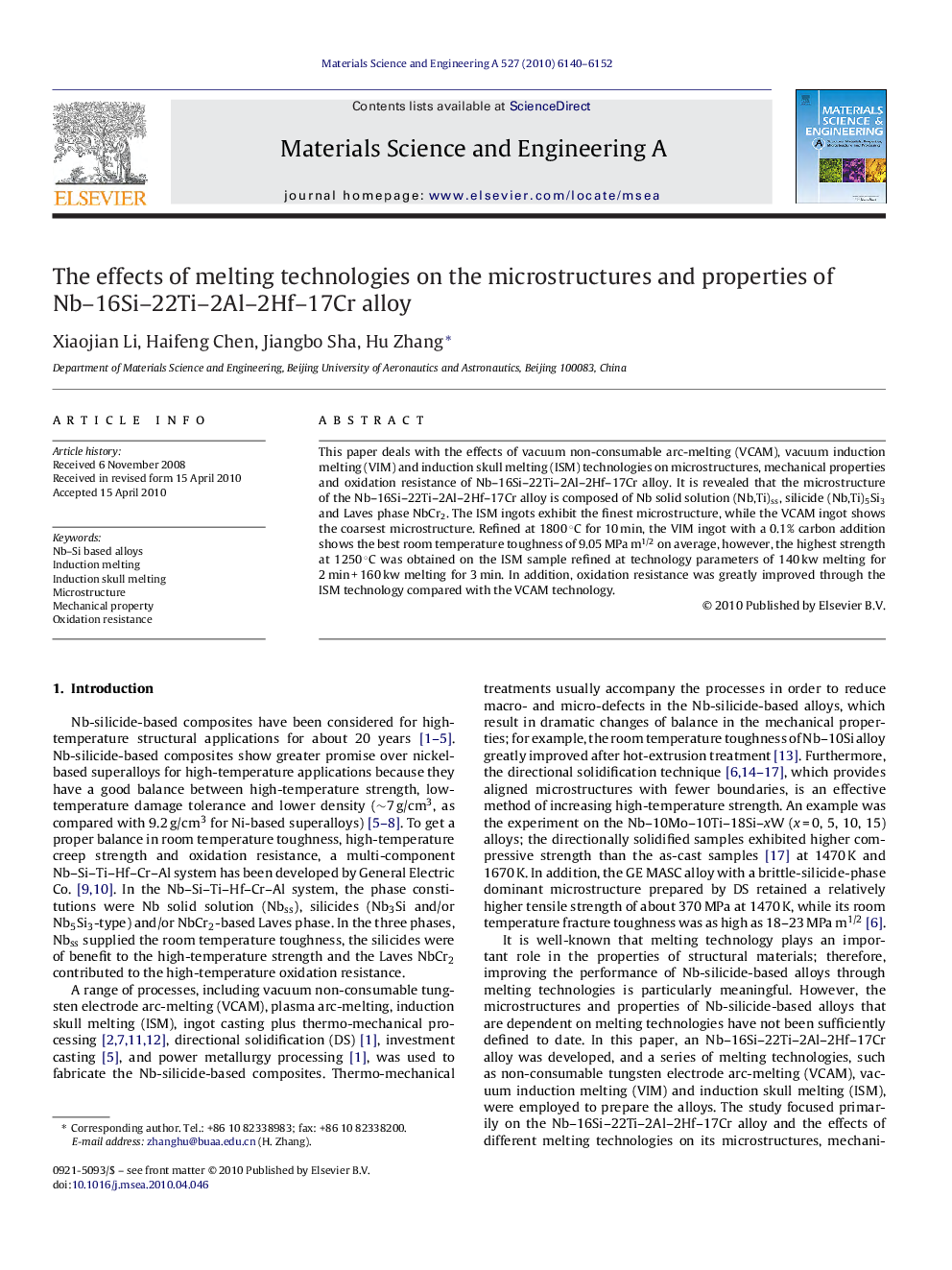 The effects of melting technologies on the microstructures and properties of Nb-16Si-22Ti-2Al-2Hf-17Cr alloy