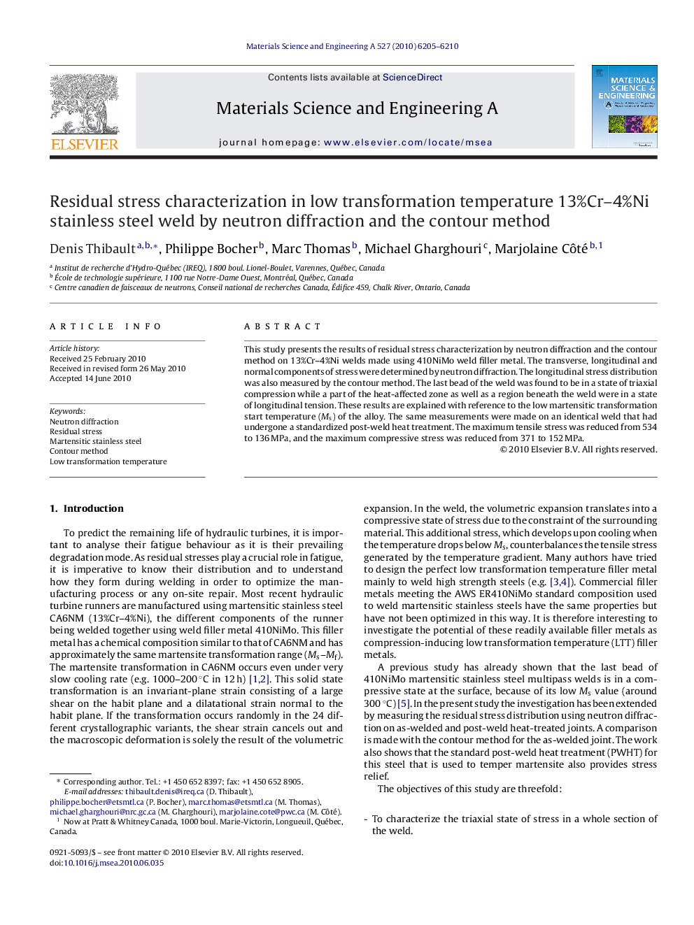 Residual stress characterization in low transformation temperature 13%Cr–4%Ni stainless steel weld by neutron diffraction and the contour method