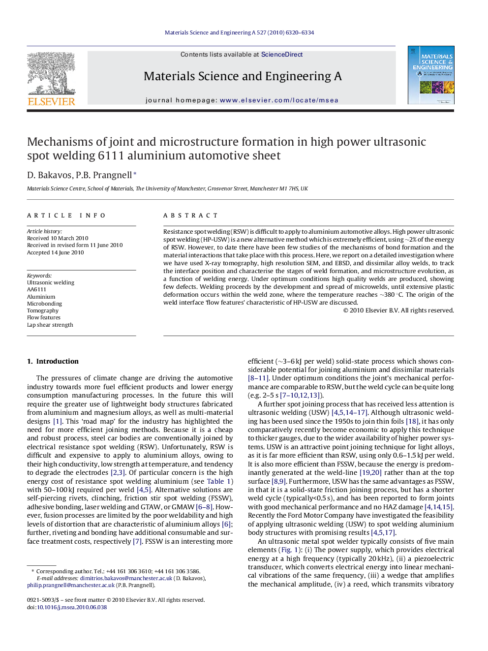 Mechanisms of joint and microstructure formation in high power ultrasonic spot welding 6111 aluminium automotive sheet