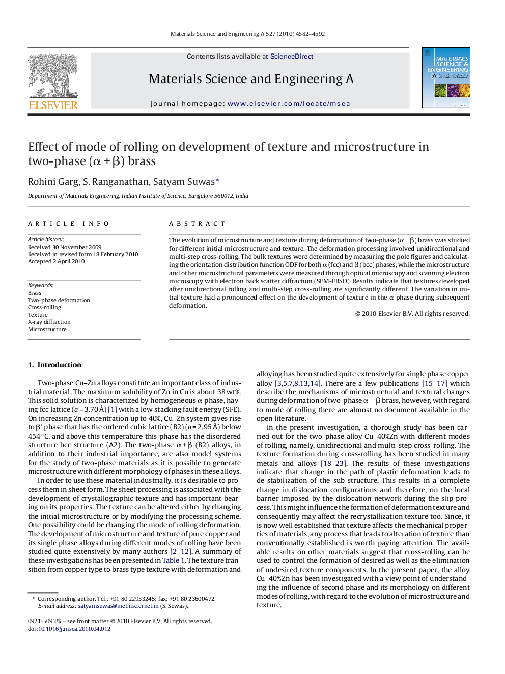 Effect of mode of rolling on development of texture and microstructure in two-phase (Î±Â +Â Î²) brass