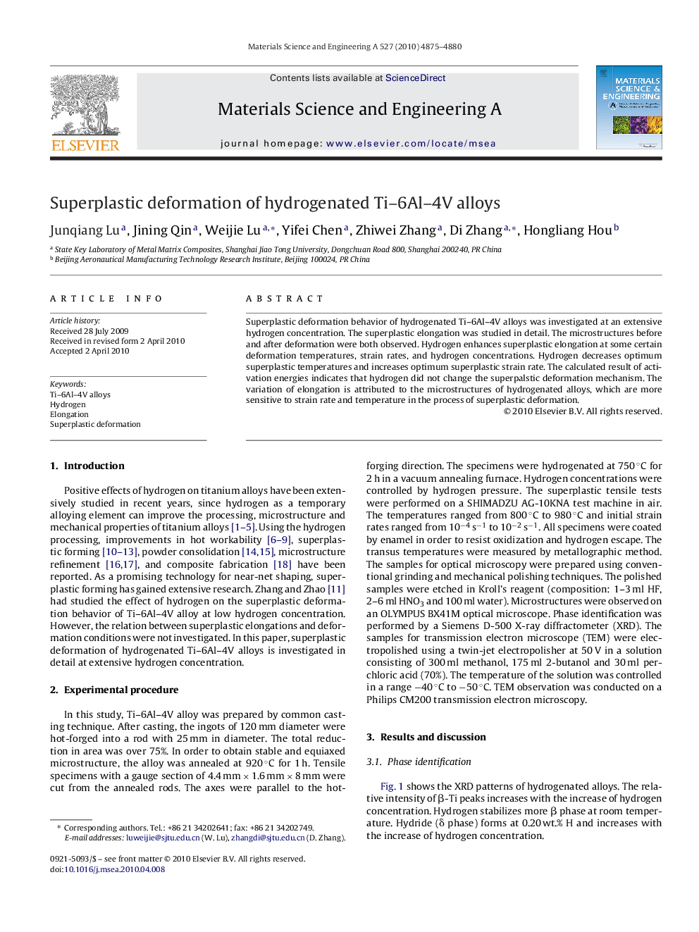 Superplastic deformation of hydrogenated Ti–6Al–4V alloys