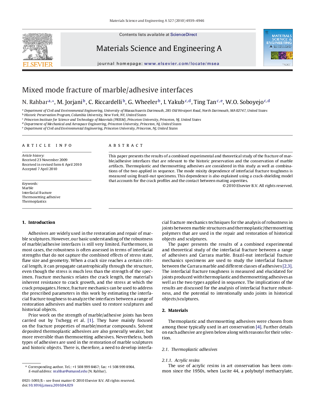 Mixed mode fracture of marble/adhesive interfaces