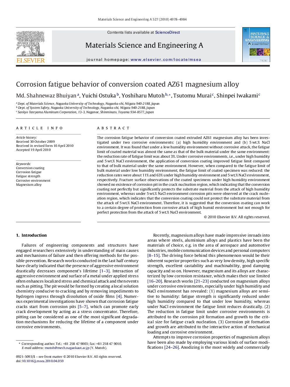 Corrosion fatigue behavior of conversion coated AZ61 magnesium alloy