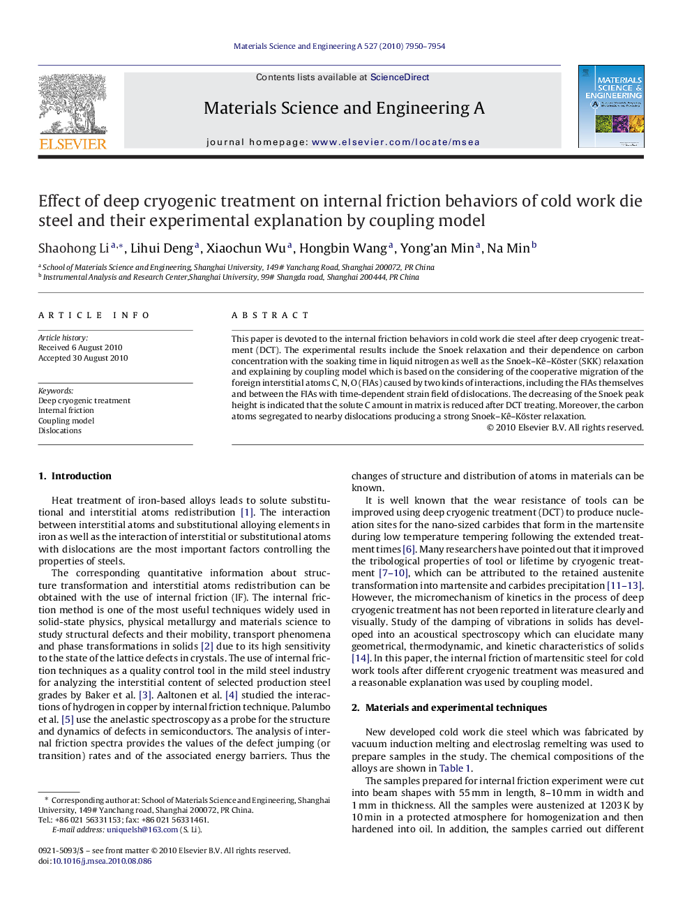 Effect of deep cryogenic treatment on internal friction behaviors of cold work die steel and their experimental explanation by coupling model