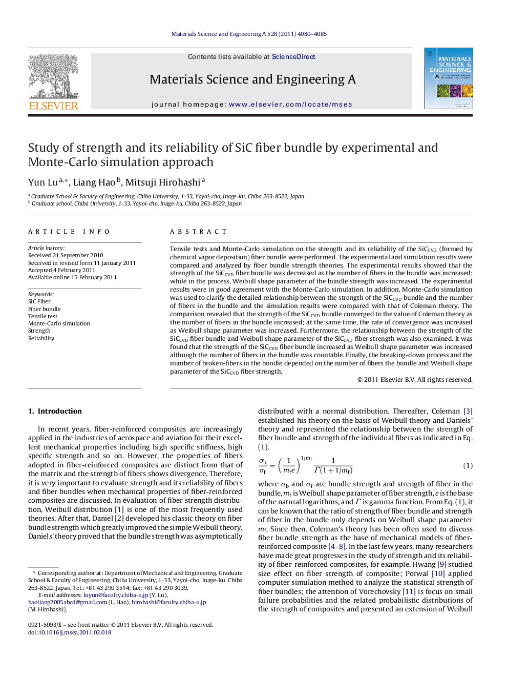 عکس صفحه اول مقاله: Study of strength and its reliability of SiC fiber bundle by experimental and Monte-Carlo simulation approach Study of strength and its reliability of SiC fiber bundle by experimental and Monte-Carlo simulation approach