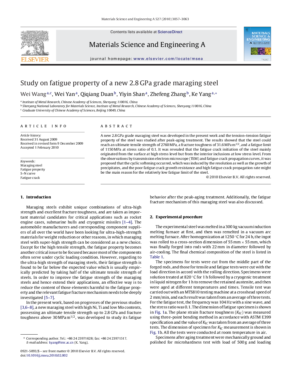 Study on fatigue property of a new 2.8 GPa grade maraging steel