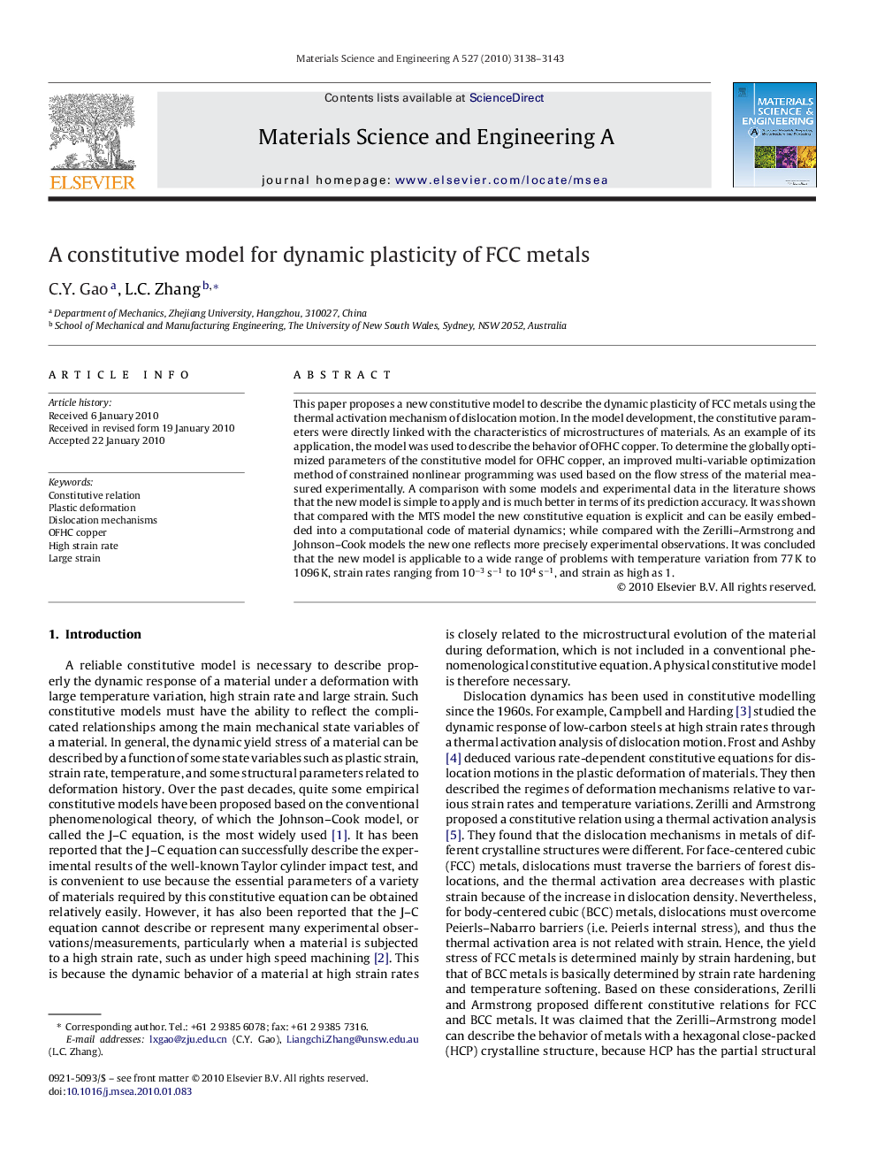 A constitutive model for dynamic plasticity of FCC metals