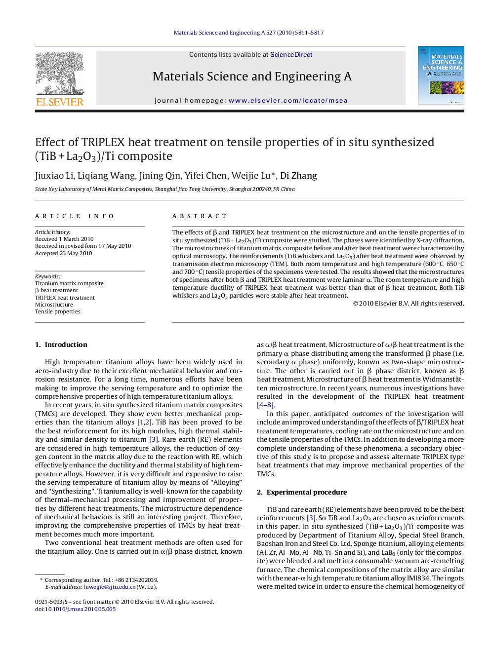 Effect of TRIPLEX heat treatment on tensile properties of in situ synthesized (TiB + La2O3)/Ti composite