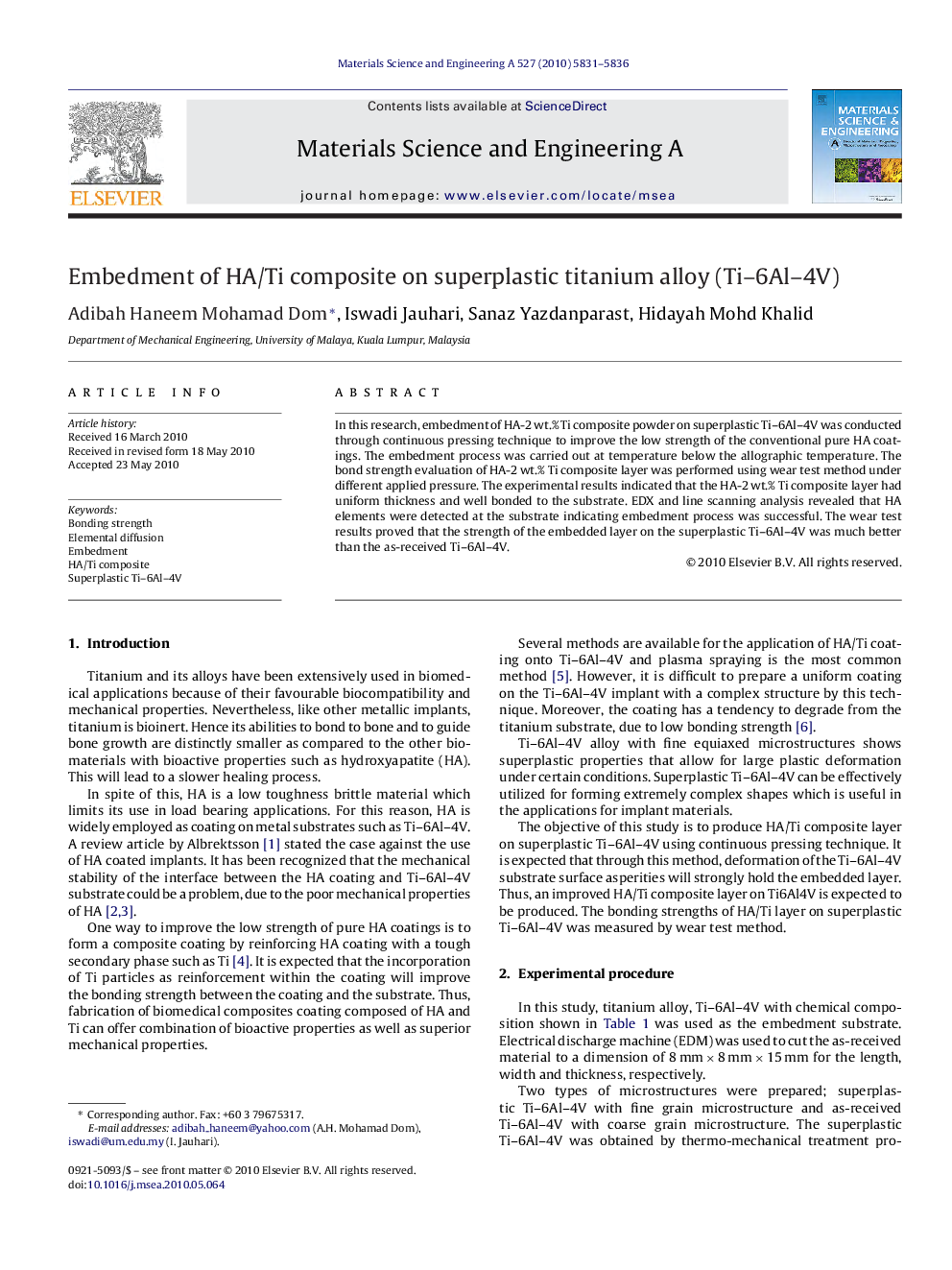 Embedment of HA/Ti composite on superplastic titanium alloy (Ti–6Al–4V)