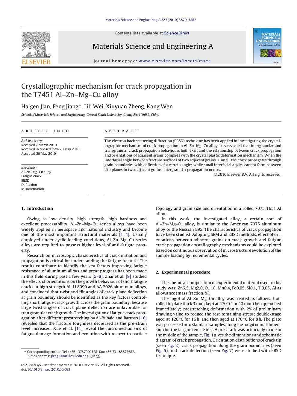 Crystallographic mechanism for crack propagation in the T7451 Al–Zn–Mg–Cu alloy