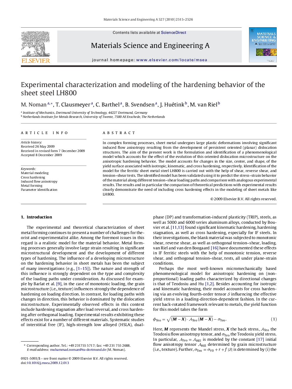 Experimental characterization and modeling of the hardening behavior of the sheet steel LH800