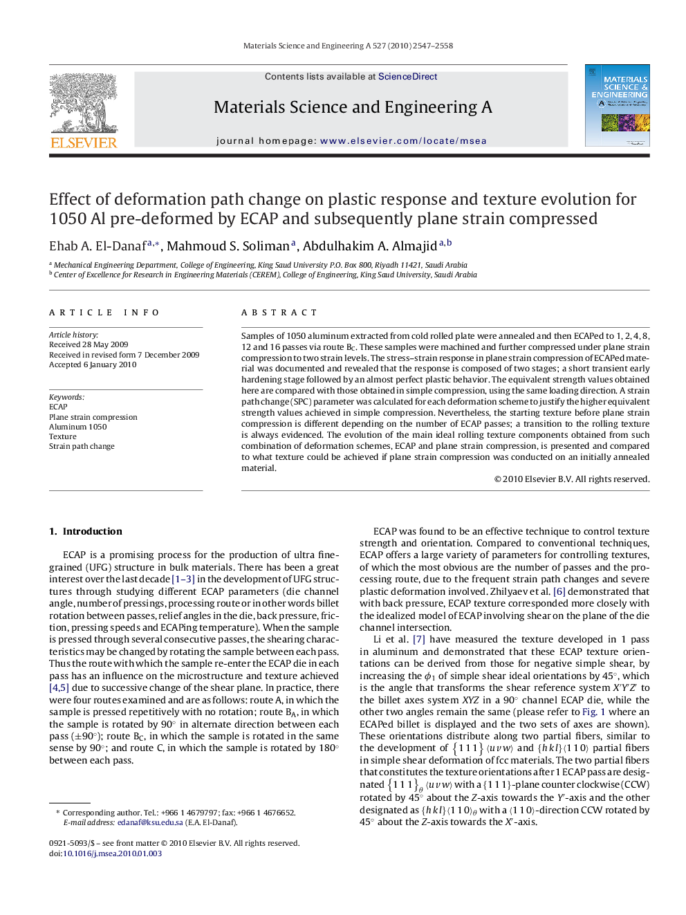 Effect of deformation path change on plastic response and texture evolution for 1050 Al pre-deformed by ECAP and subsequently plane strain compressed