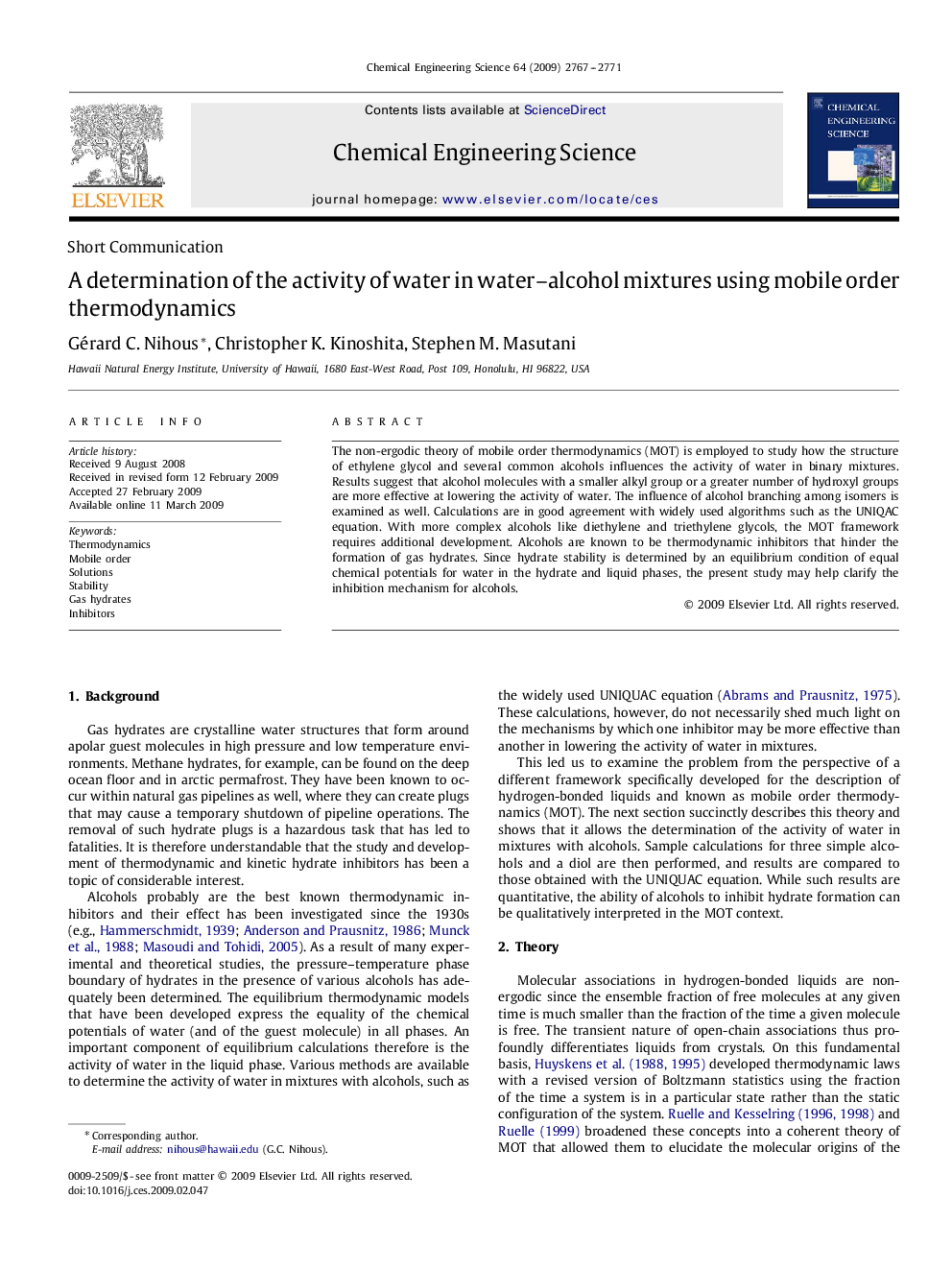 A determination of the activity of water in water–alcohol mixtures using mobile order thermodynamics