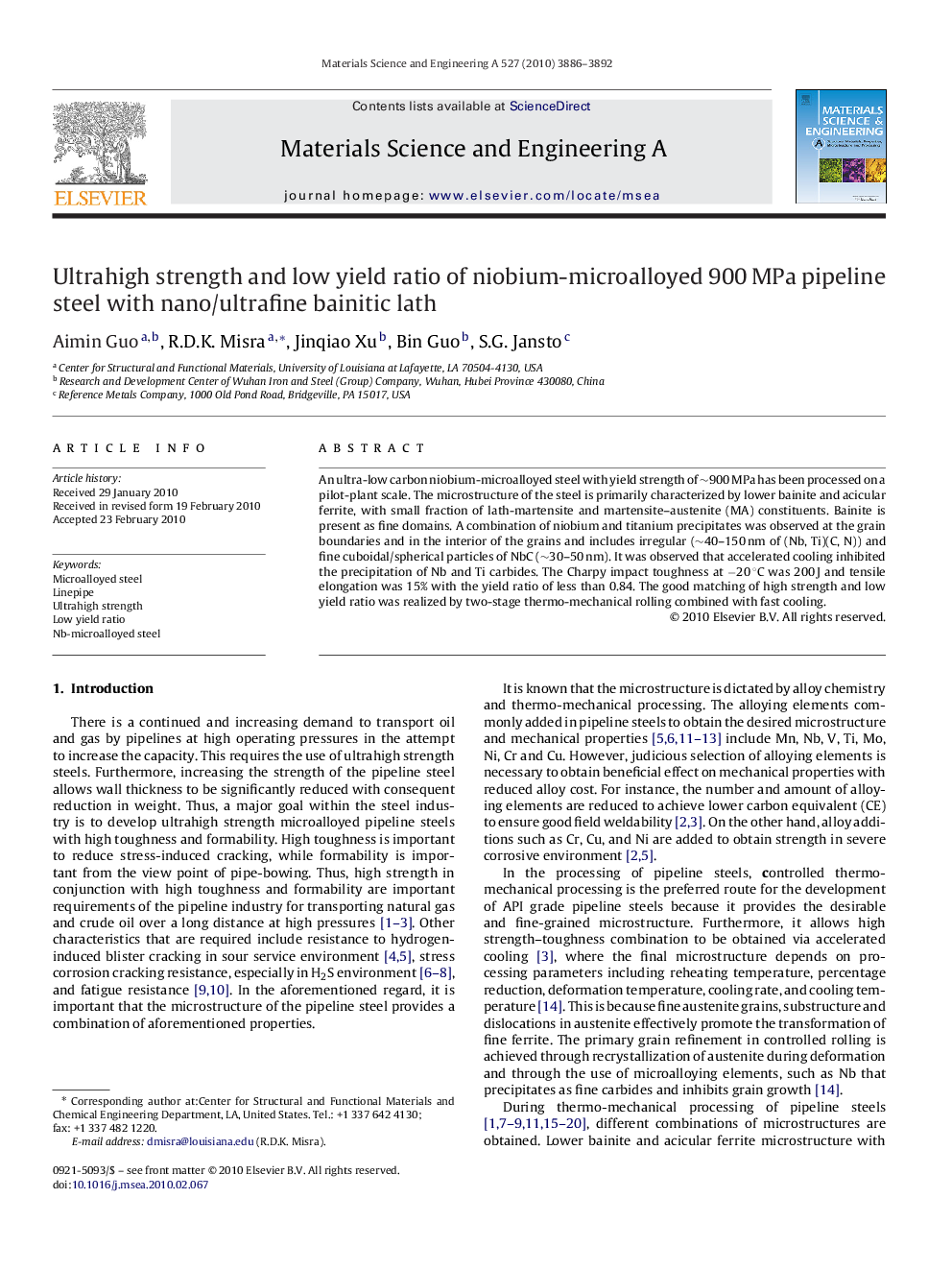 Ultrahigh strength and low yield ratio of niobium-microalloyed 900Â MPa pipeline steel with nano/ultrafine bainitic lath