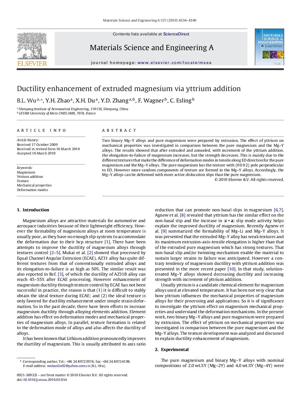 Ductility enhancement of extruded magnesium via yttrium addition