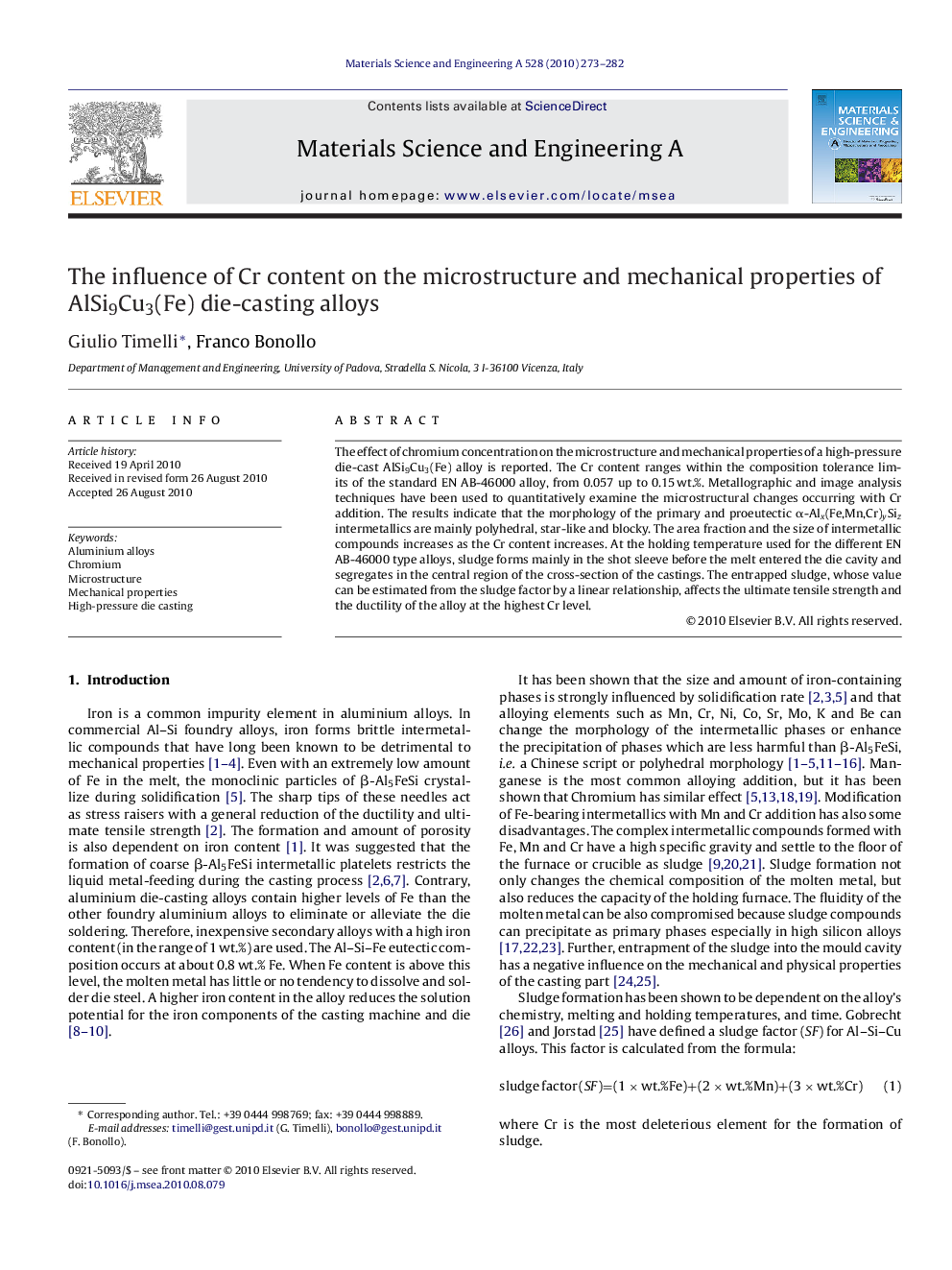 The influence of Cr content on the microstructure and mechanical properties of AlSi9Cu3(Fe) die-casting alloys