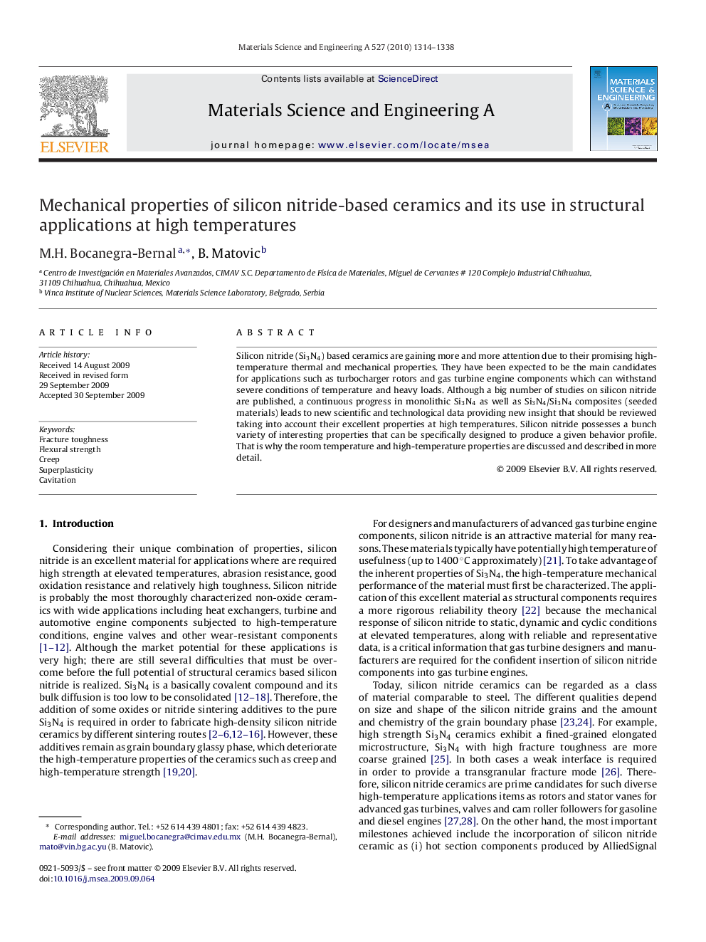 Mechanical properties of silicon nitride-based ceramics and its use in structural applications at high temperatures