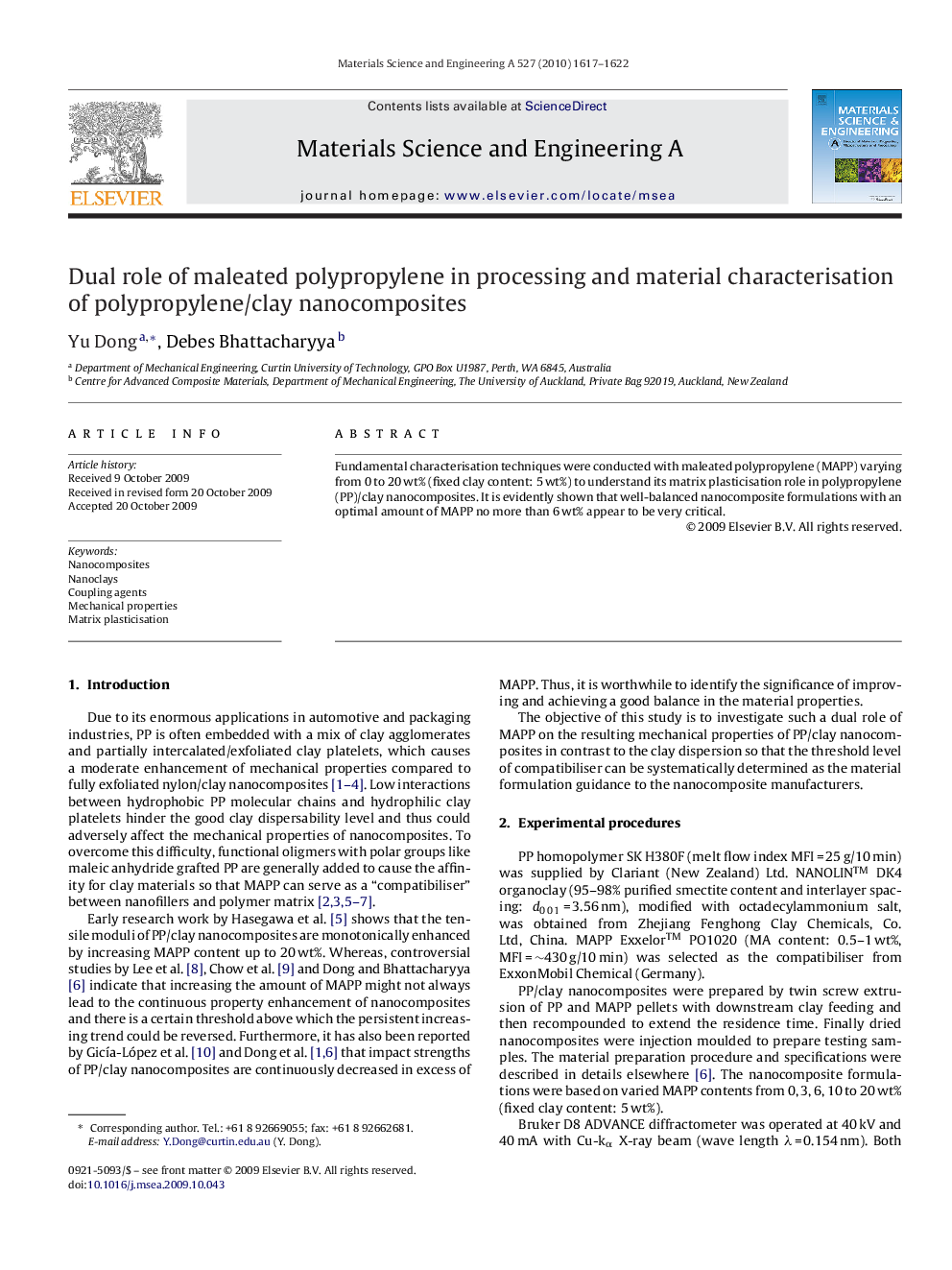 Dual role of maleated polypropylene in processing and material characterisation of polypropylene/clay nanocomposites