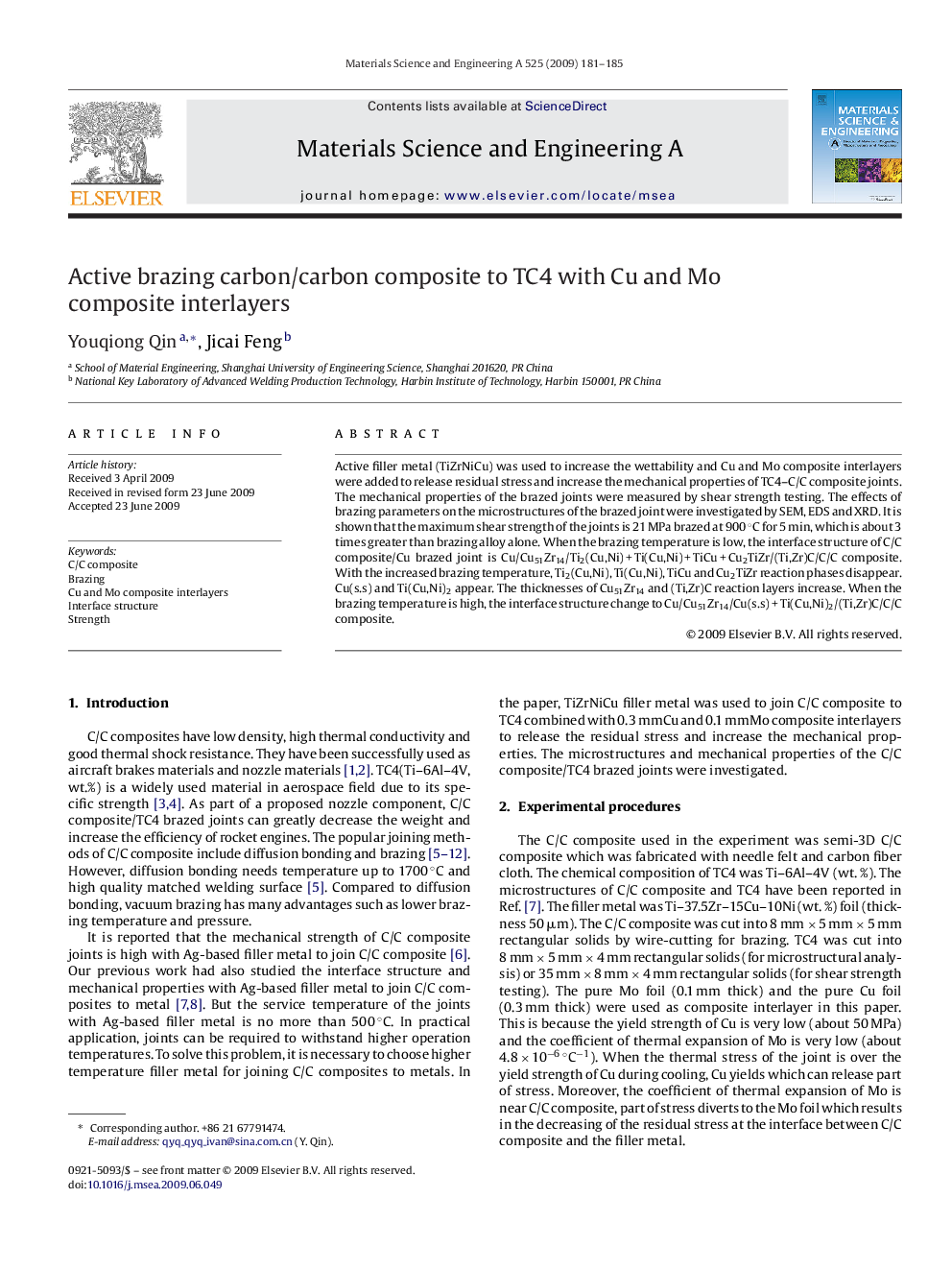 Active brazing carbon/carbon composite to TC4 with Cu and Mo composite interlayers