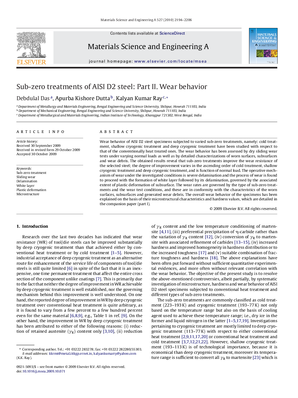 Sub-zero treatments of AISI D2 steel: Part II. Wear behavior