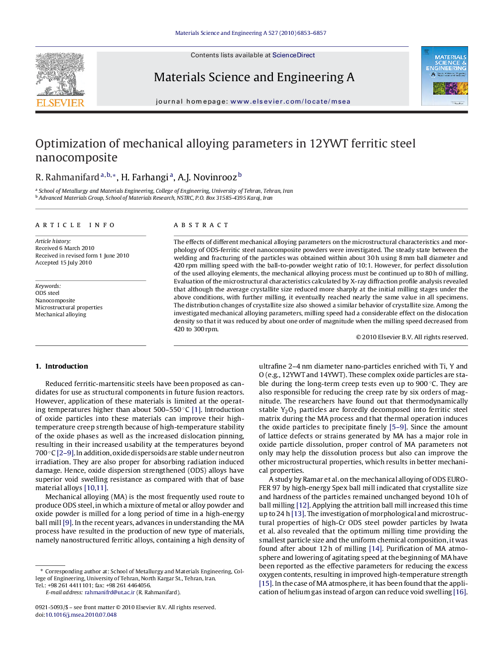 Optimization of mechanical alloying parameters in 12YWT ferritic steel nanocomposite