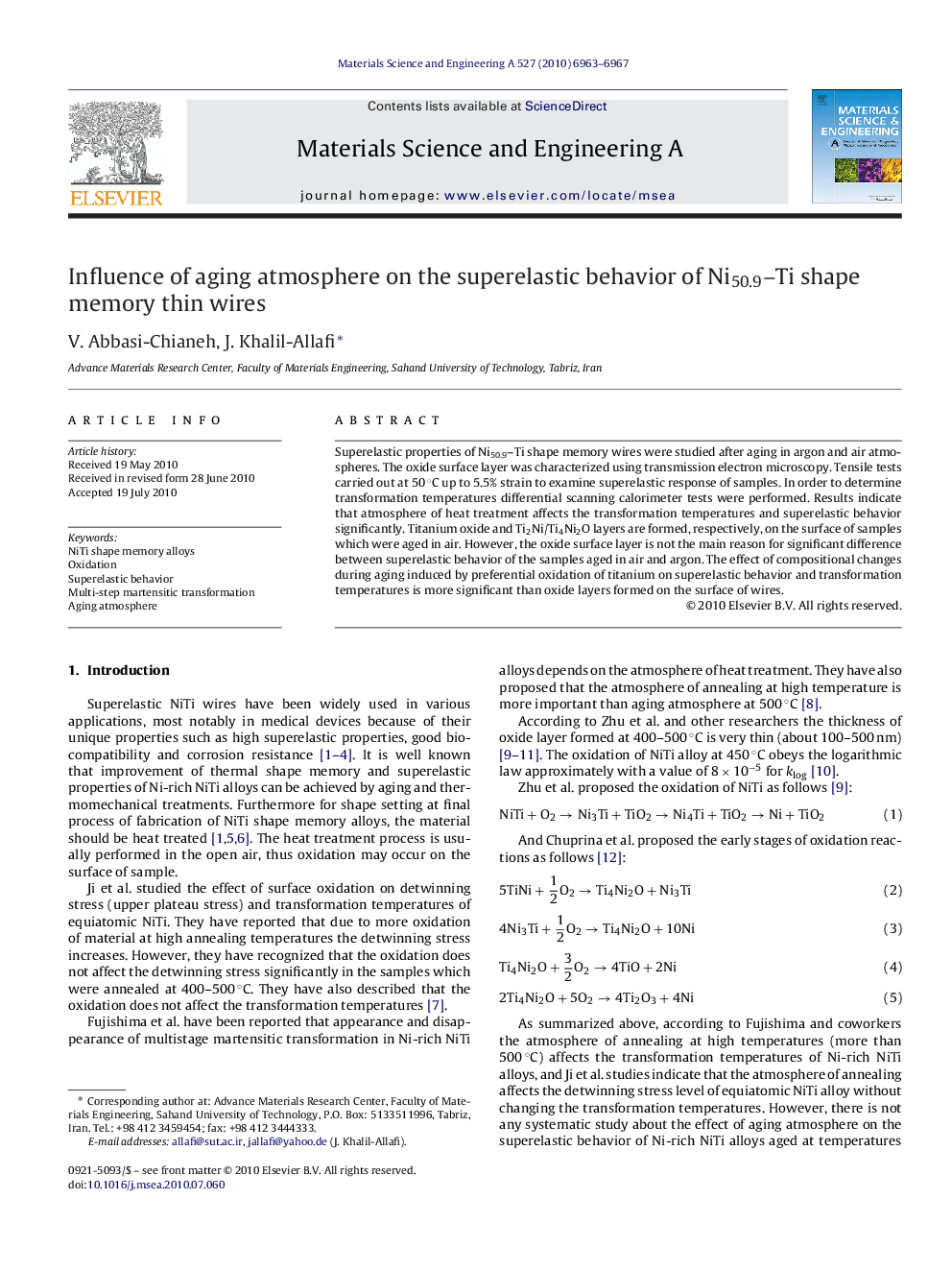 Influence of aging atmosphere on the superelastic behavior of Ni50.9–Ti shape memory thin wires