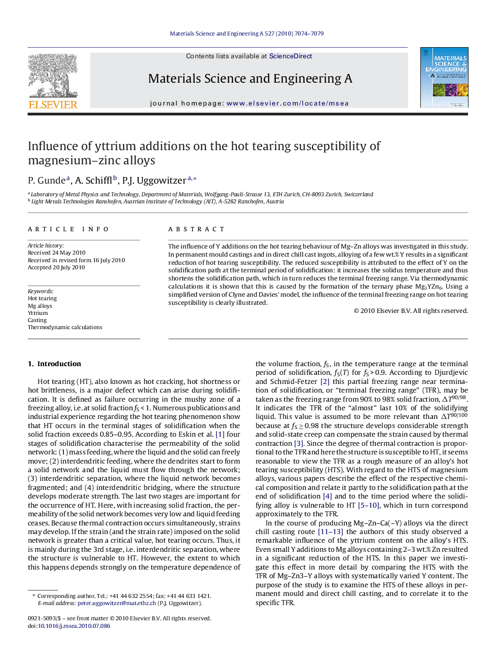 Influence of yttrium additions on the hot tearing susceptibility of magnesium–zinc alloys