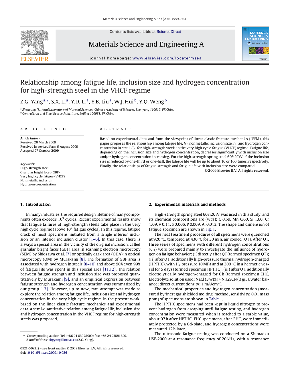 Relationship among fatigue life, inclusion size and hydrogen concentration for high-strength steel in the VHCF regime