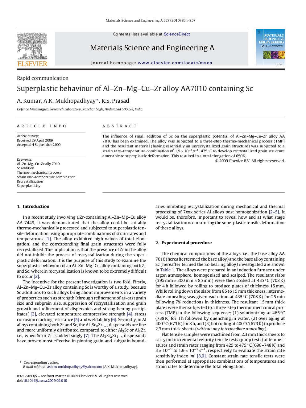 Superplastic behaviour of Al–Zn–Mg–Cu–Zr alloy AA7010 containing Sc