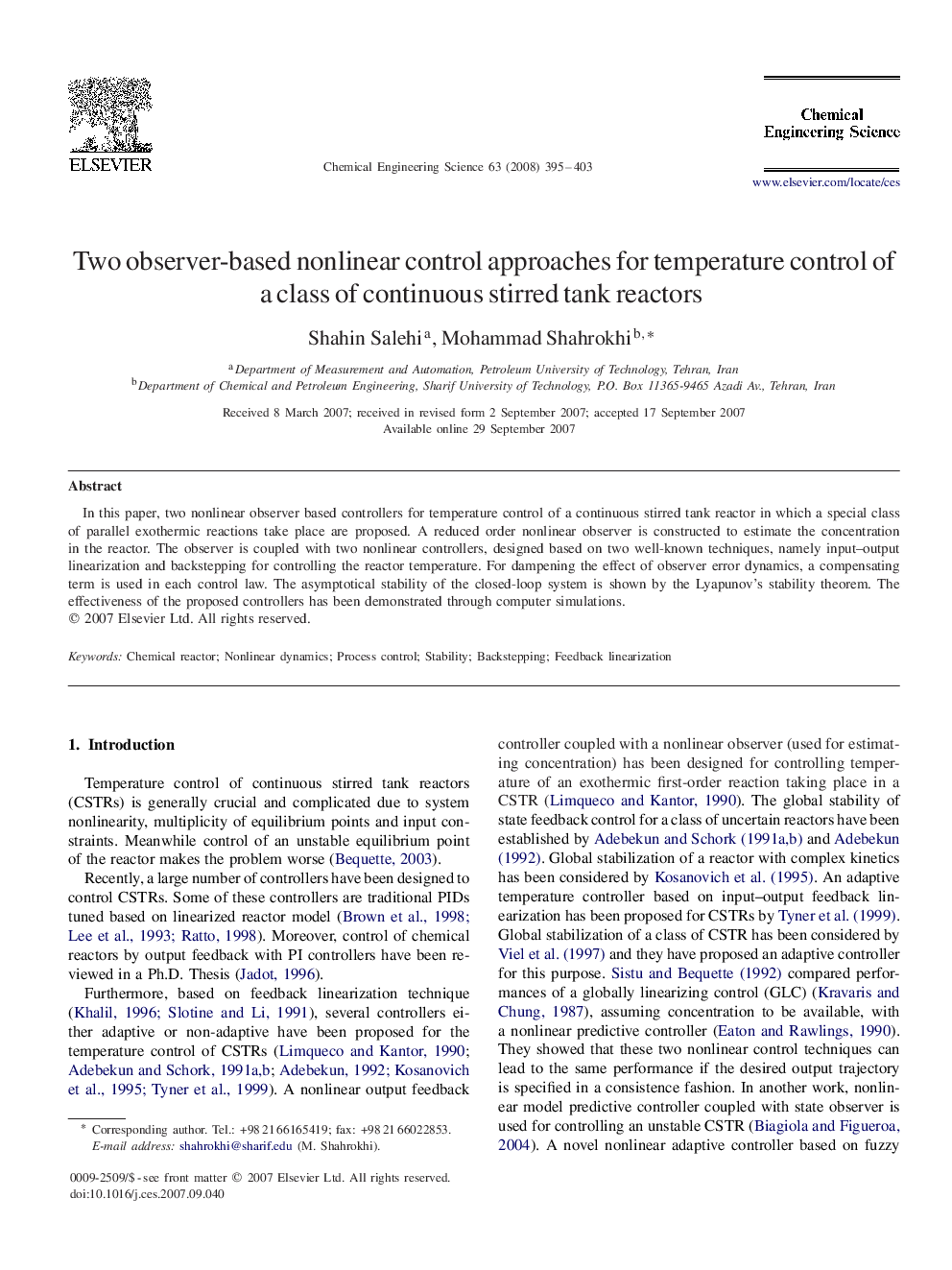 Two observer-based nonlinear control approaches for temperature control of a class of continuous stirred tank reactors