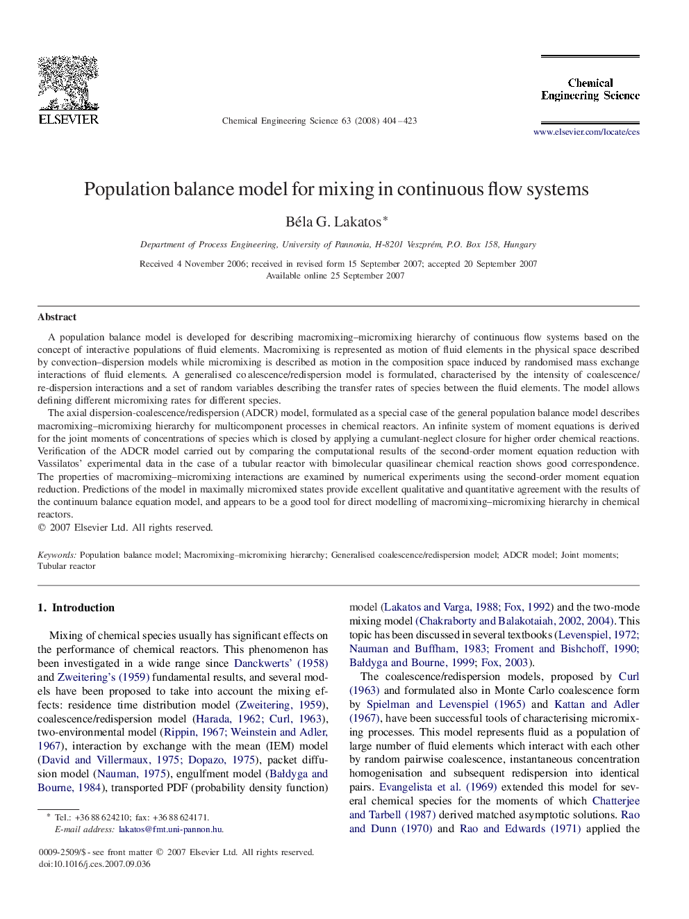 Population balance model for mixing in continuous flow systems