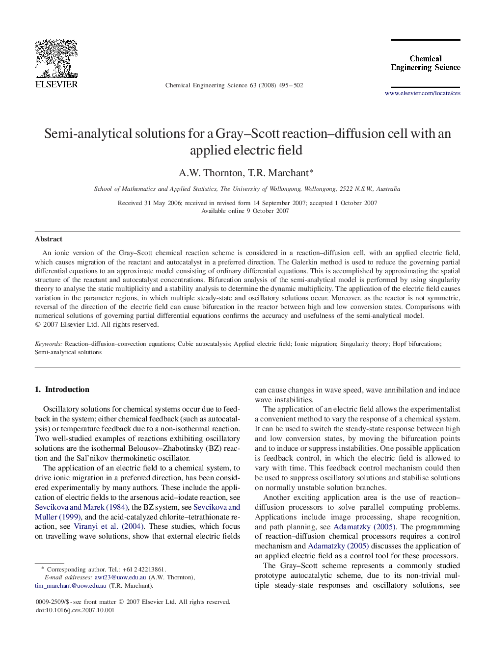 Semi-analytical solutions for a Gray–Scott reaction–diffusion cell with an applied electric field