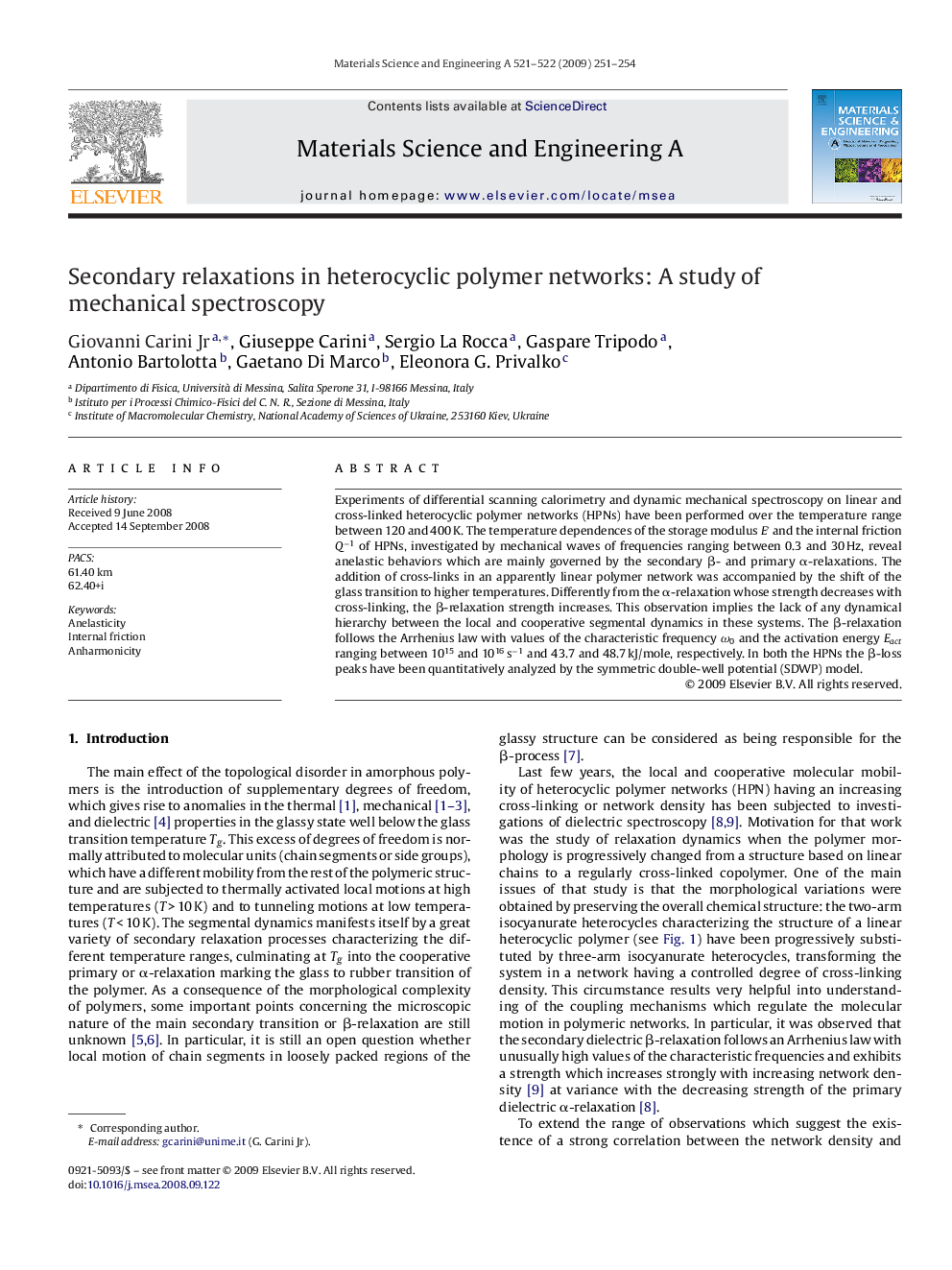 Secondary relaxations in heterocyclic polymer networks: A study of mechanical spectroscopy