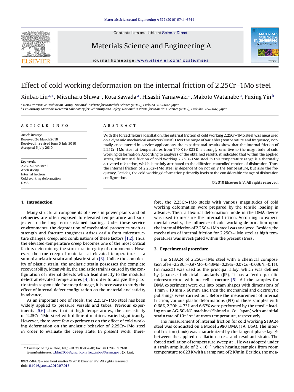 Effect of cold working deformation on the internal friction of 2.25Cr–1Mo steel