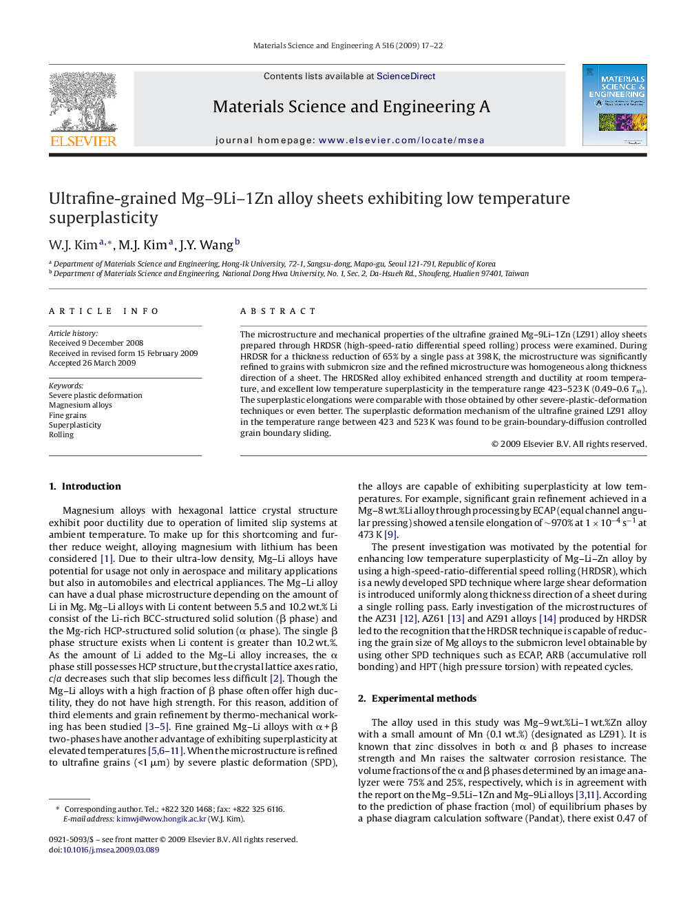 Ultrafine-grained Mg–9Li–1Zn alloy sheets exhibiting low temperature superplasticity