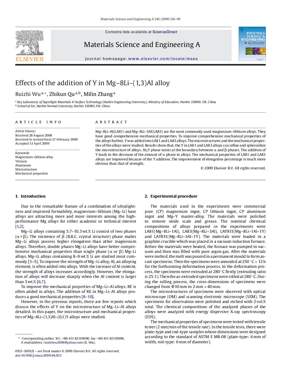 Effects of the addition of Y in Mg-8Li-(1,3)Al alloy