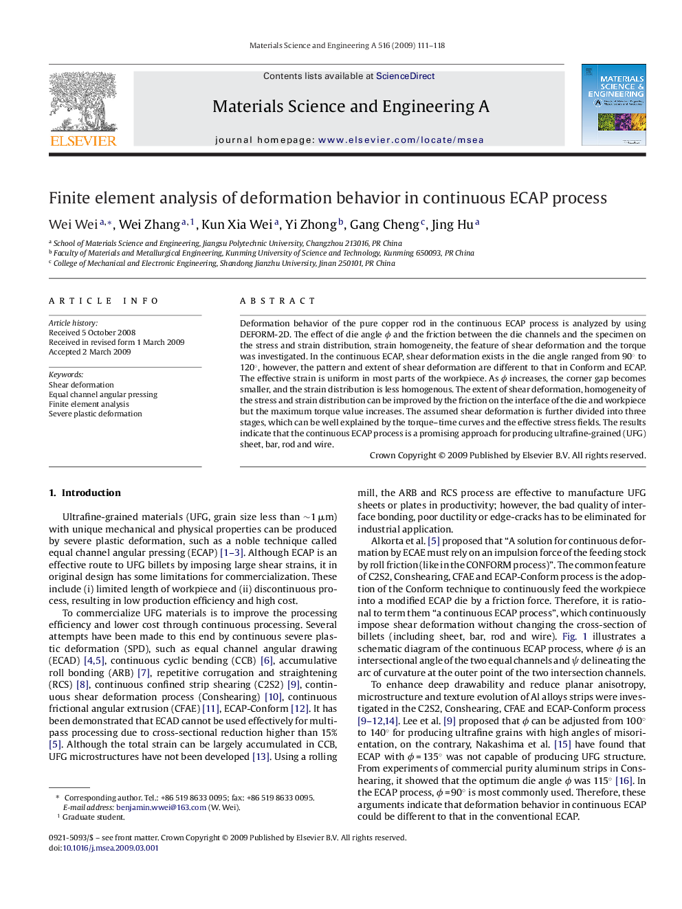 Finite element analysis of deformation behavior in continuous ECAP process