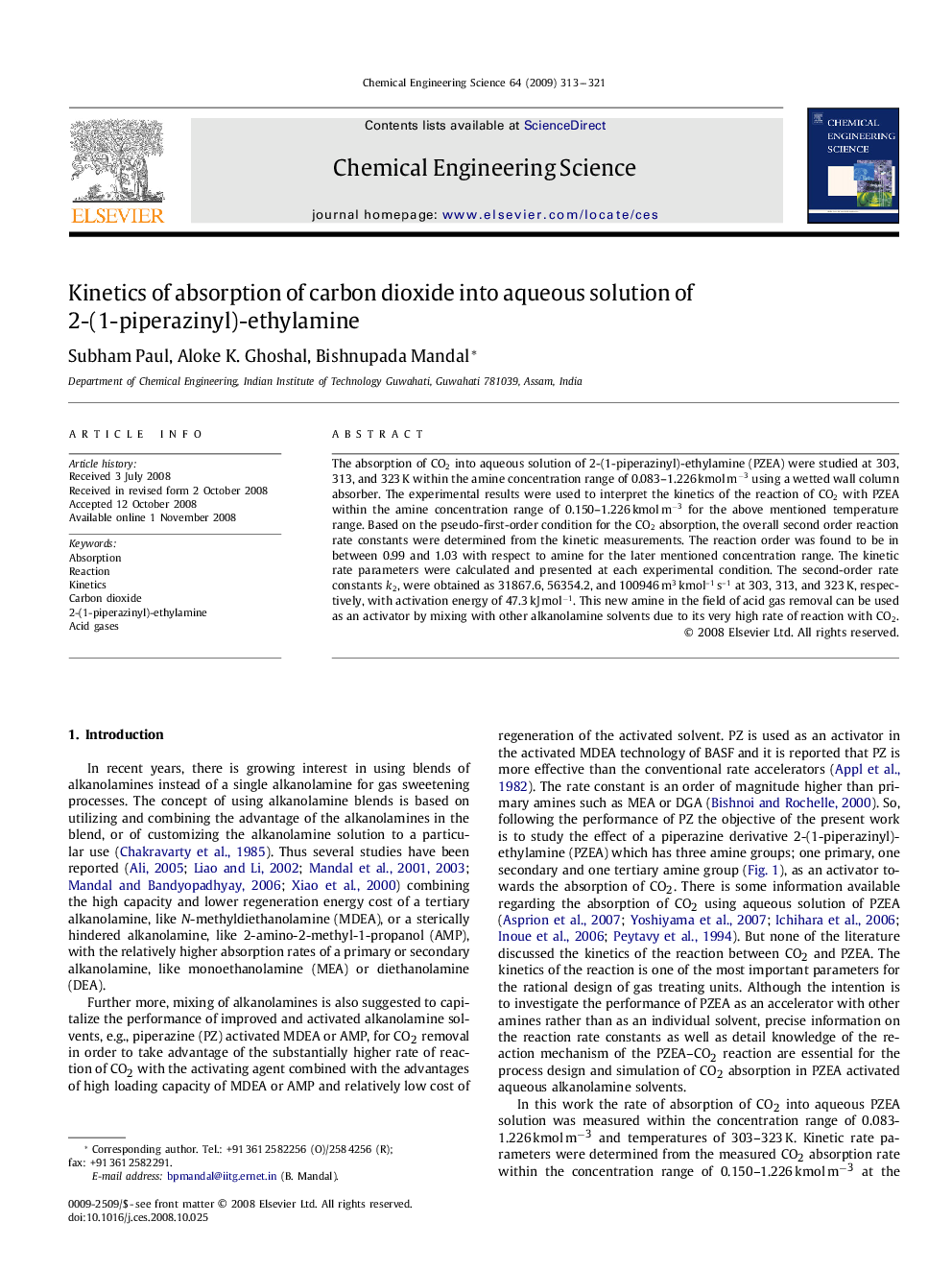 Kinetics of absorption of carbon dioxide into aqueous solution of 2-(1-piperazinyl)-ethylamine