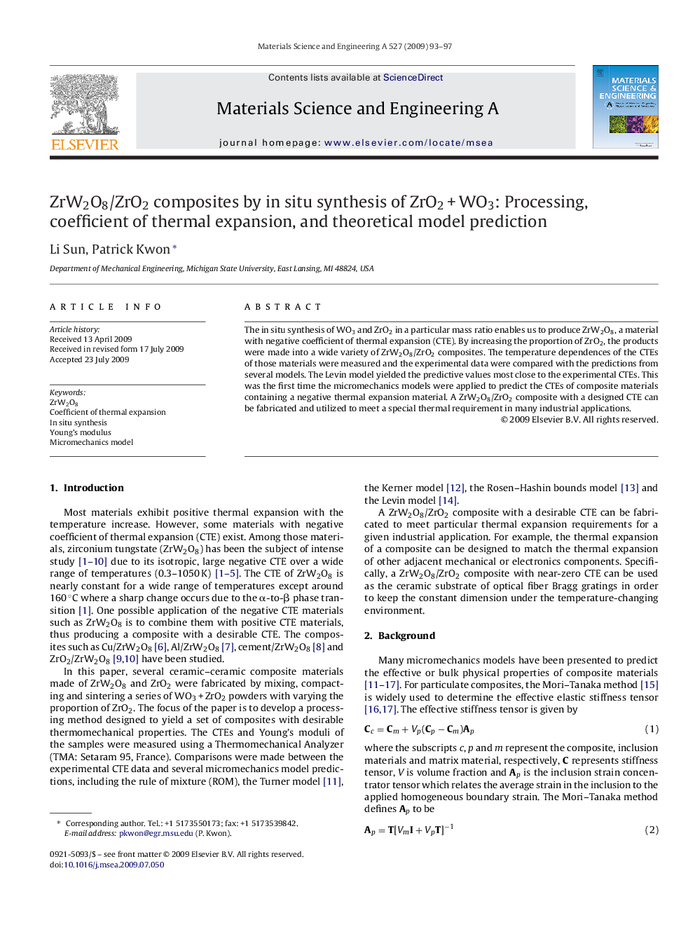 ZrW2O8/ZrO2 composites by in situ synthesis of ZrO2 + WO3: Processing, coefficient of thermal expansion, and theoretical model prediction