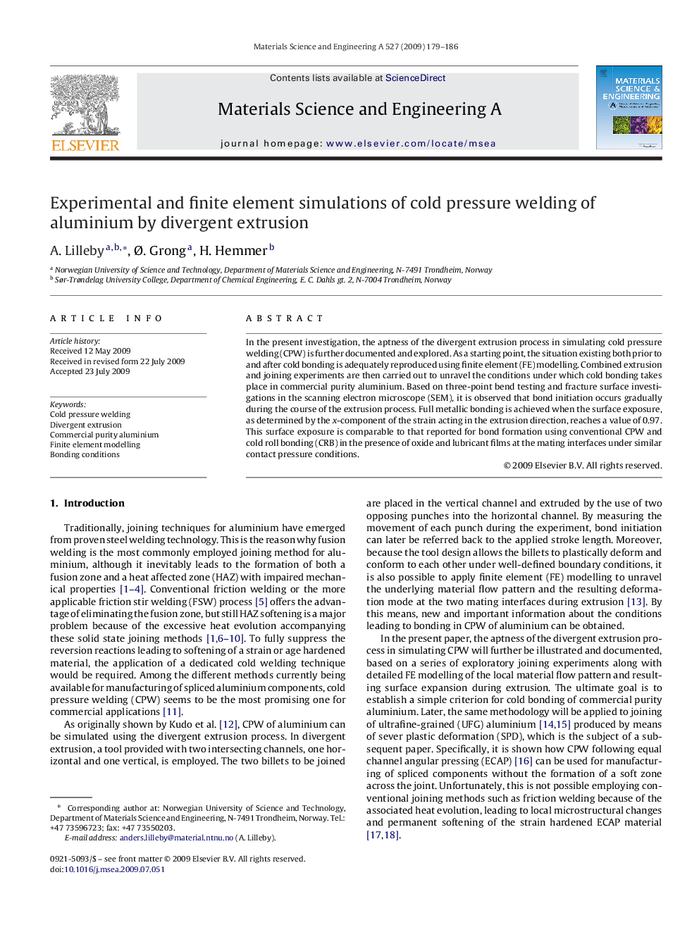 Experimental and finite element simulations of cold pressure welding of aluminium by divergent extrusion