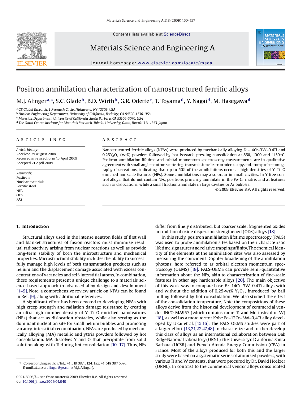 Positron annihilation characterization of nanostructured ferritic alloys