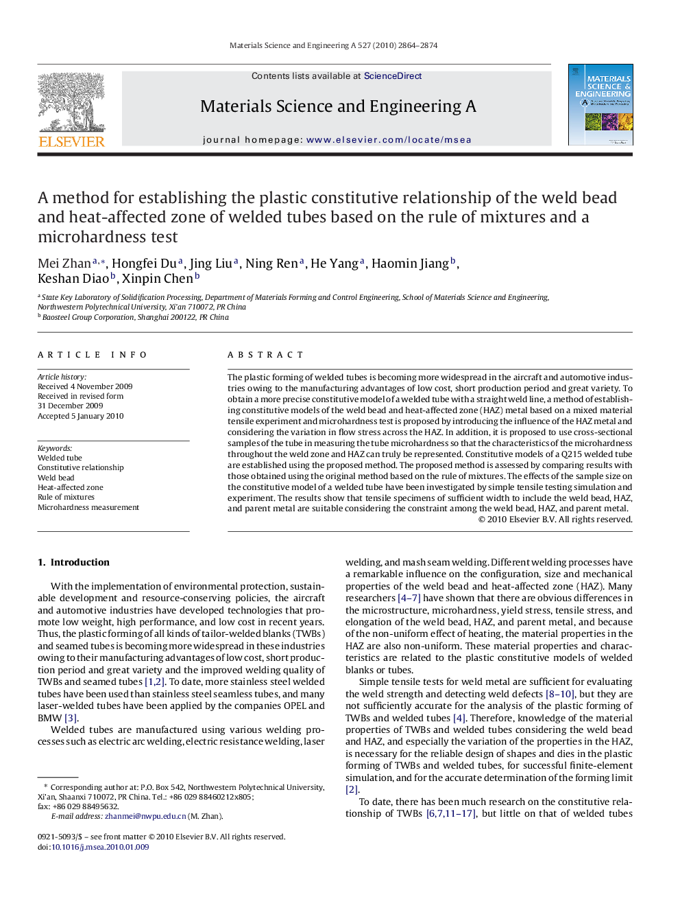 A method for establishing the plastic constitutive relationship of the weld bead and heat-affected zone of welded tubes based on the rule of mixtures and a microhardness test