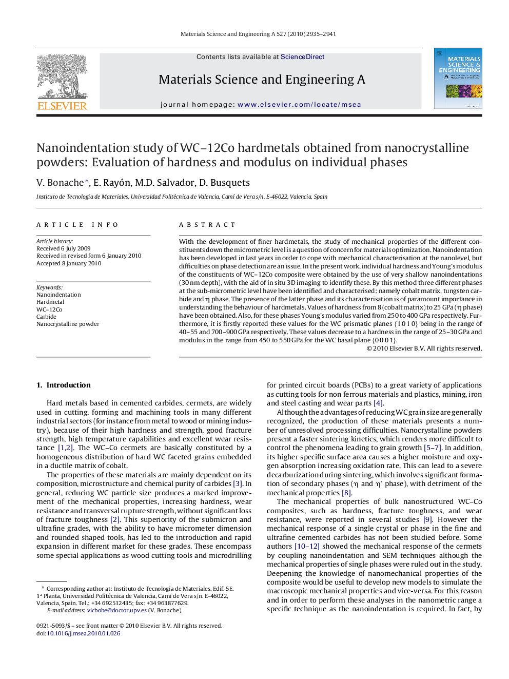 Nanoindentation study of WC–12Co hardmetals obtained from nanocrystalline powders: Evaluation of hardness and modulus on individual phases