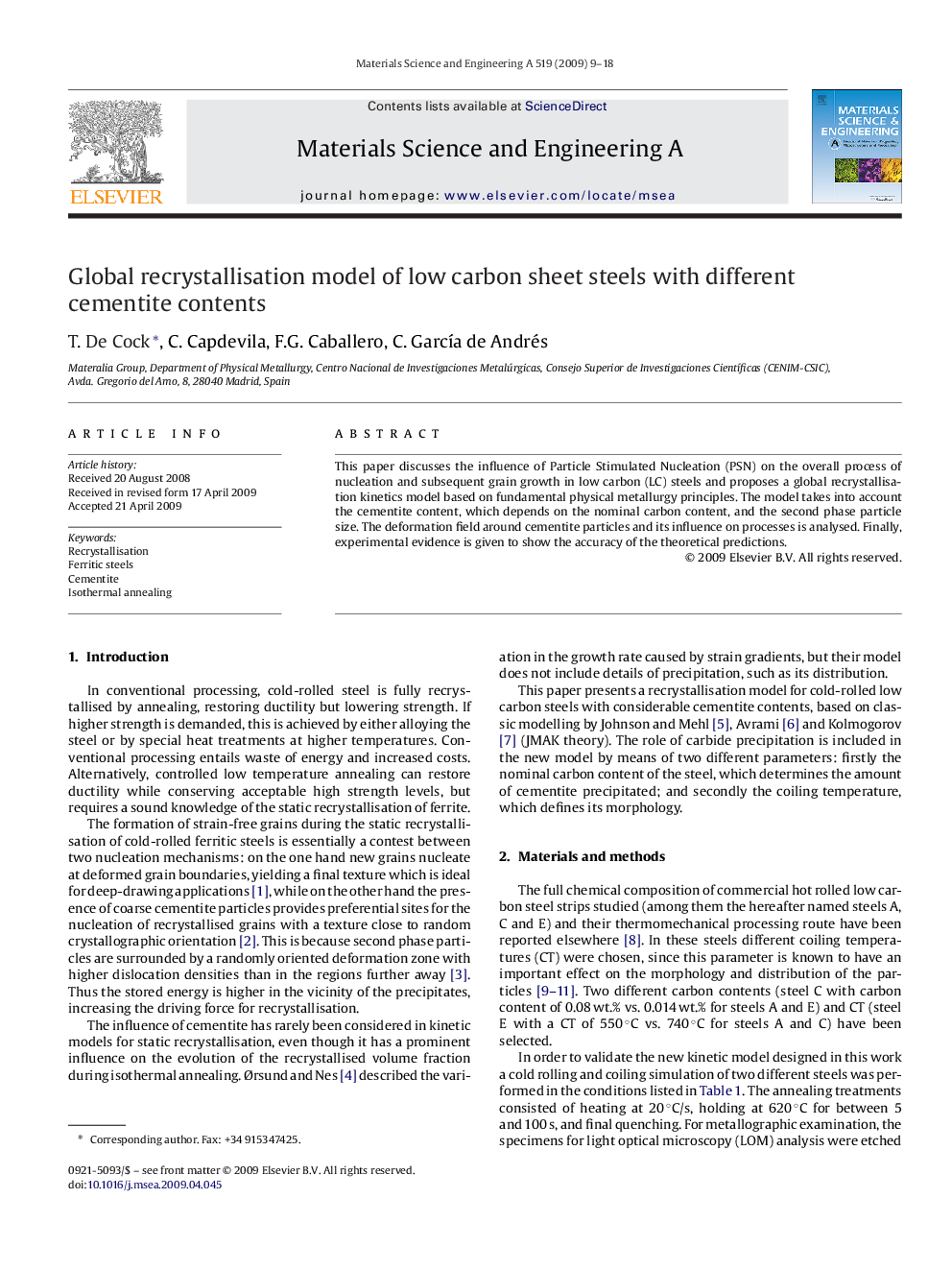 Global recrystallisation model of low carbon sheet steels with different cementite contents