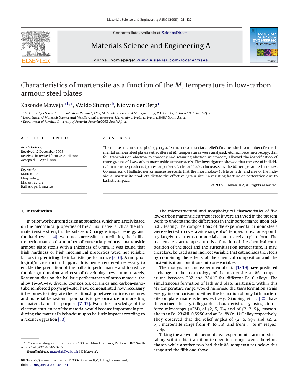 Characteristics of martensite as a function of the Ms temperature in low-carbon armour steel plates