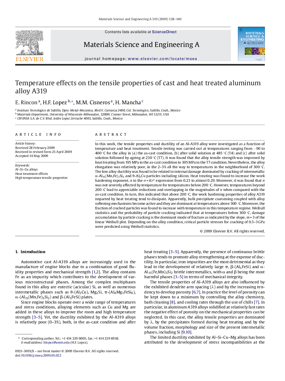 Temperature effects on the tensile properties of cast and heat treated aluminum alloy A319