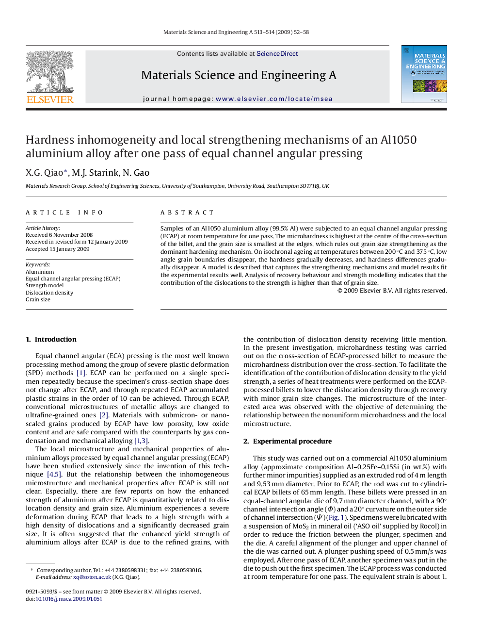 Hardness inhomogeneity and local strengthening mechanisms of an Al1050 aluminium alloy after one pass of equal channel angular pressing