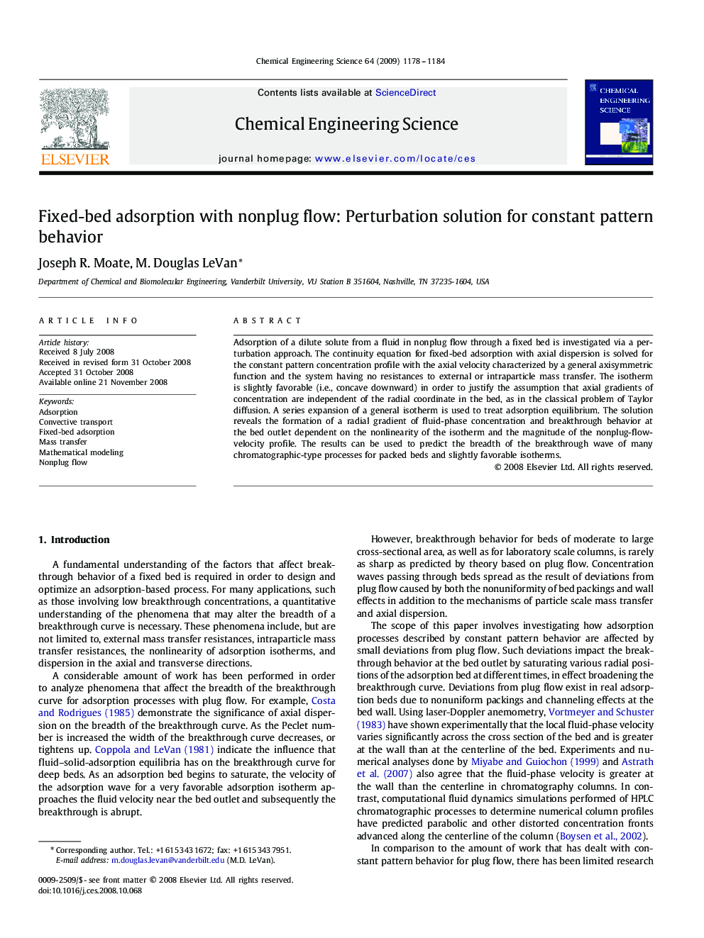 Fixed-bed adsorption with nonplug flow: Perturbation solution for constant pattern behavior